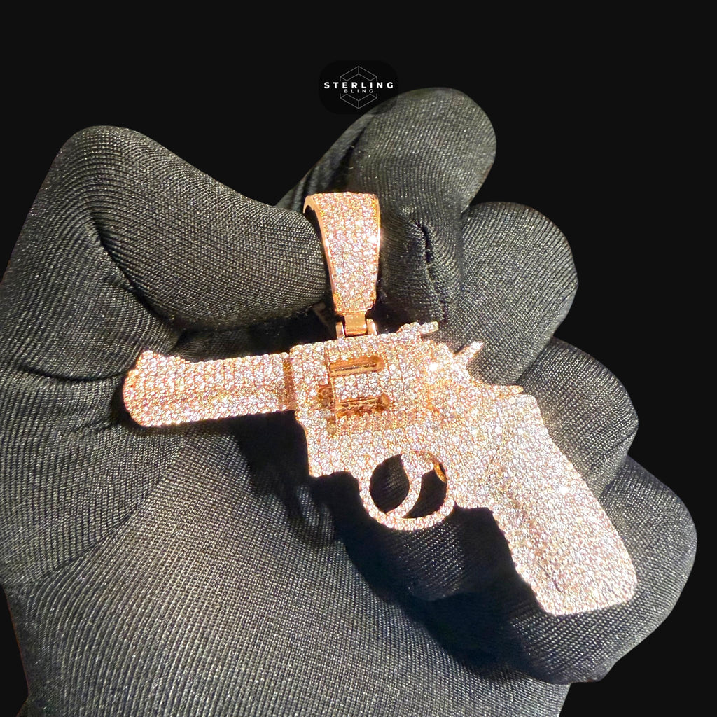 Rose Gold Revolver Gun Iced Out Pendant