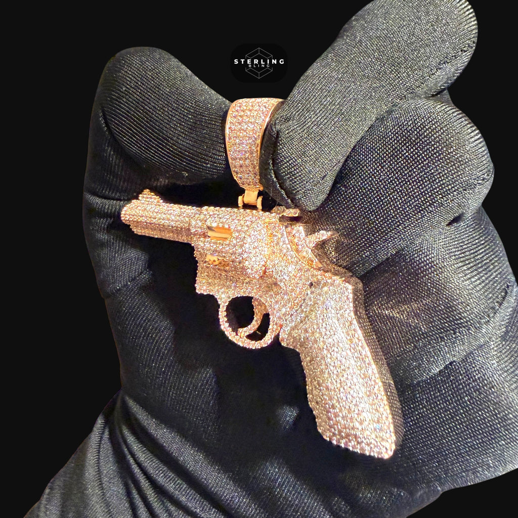 Rose Gold Revolver Gun Iced Out Pendant