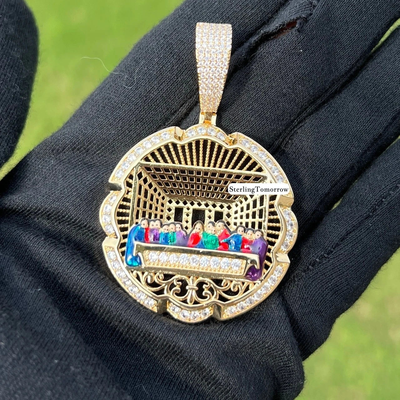 Last Supper Gold Tone Enamel Pendant