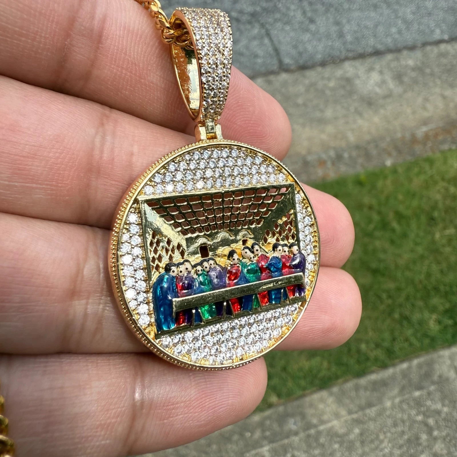 Last Supper Gold Tone Enamel Religious Pendant