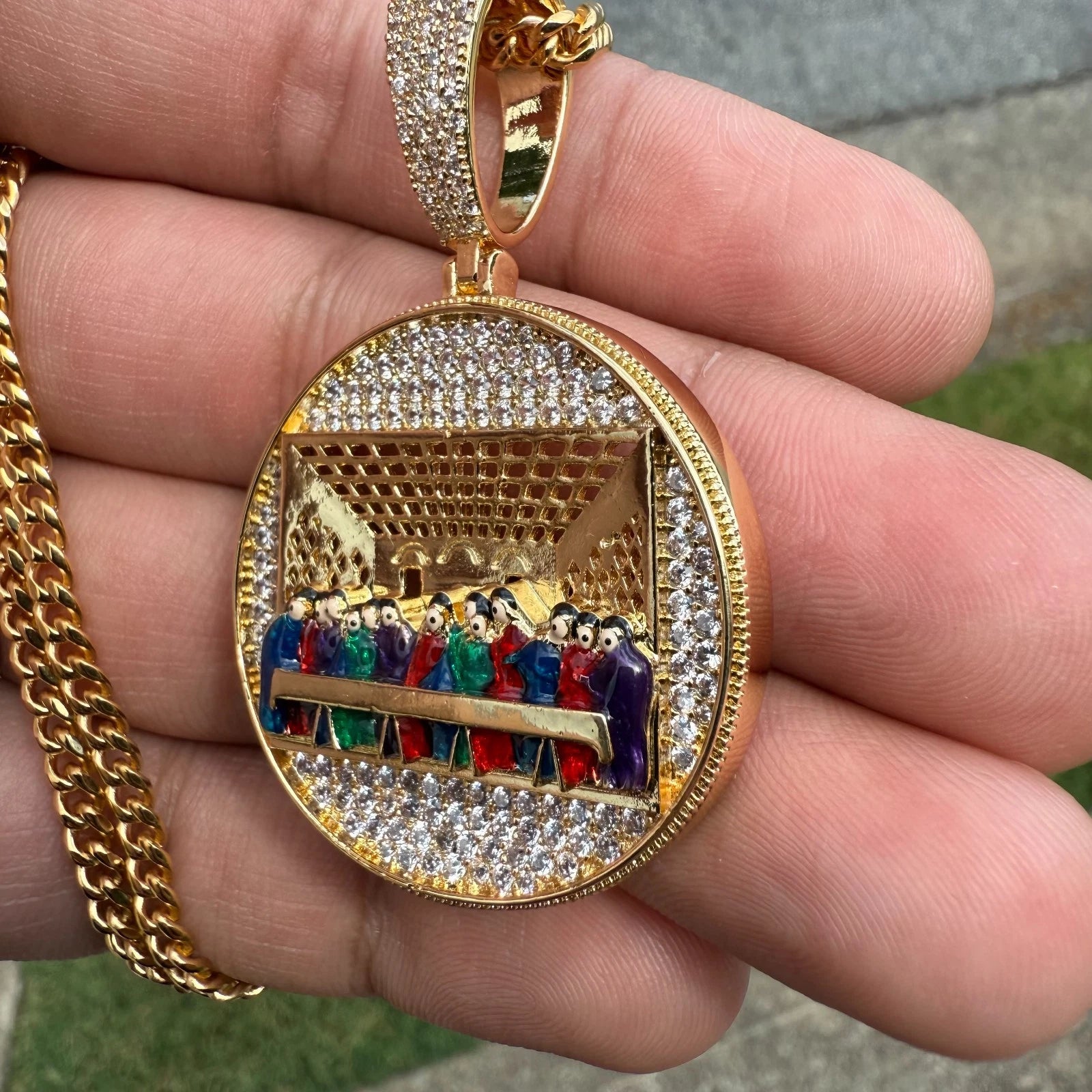 Last Supper Gold Tone Enamel Religious Pendant