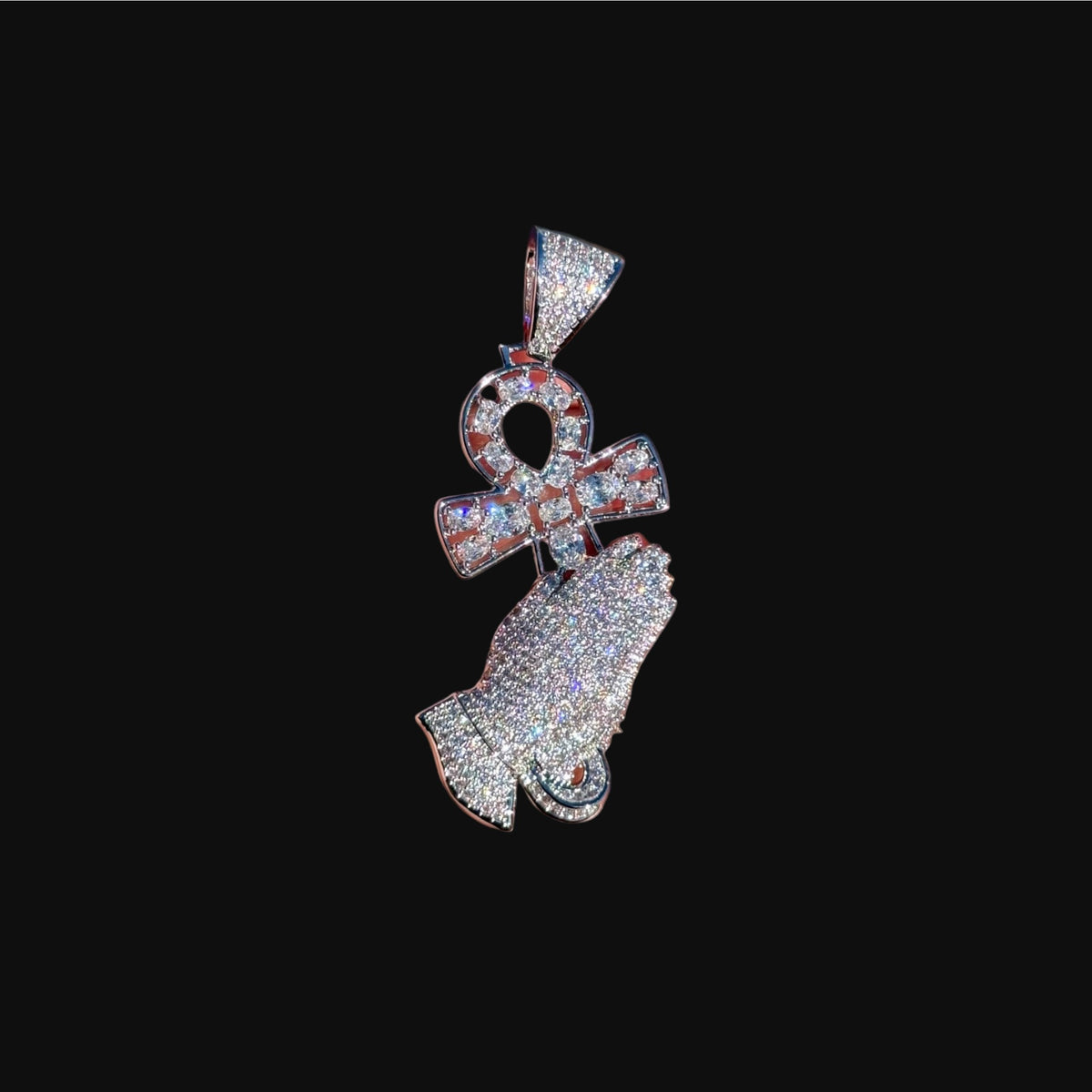 Prayer Hands Ankh Iced Pendant 14k White Gold Plated + Steel Rope Chain