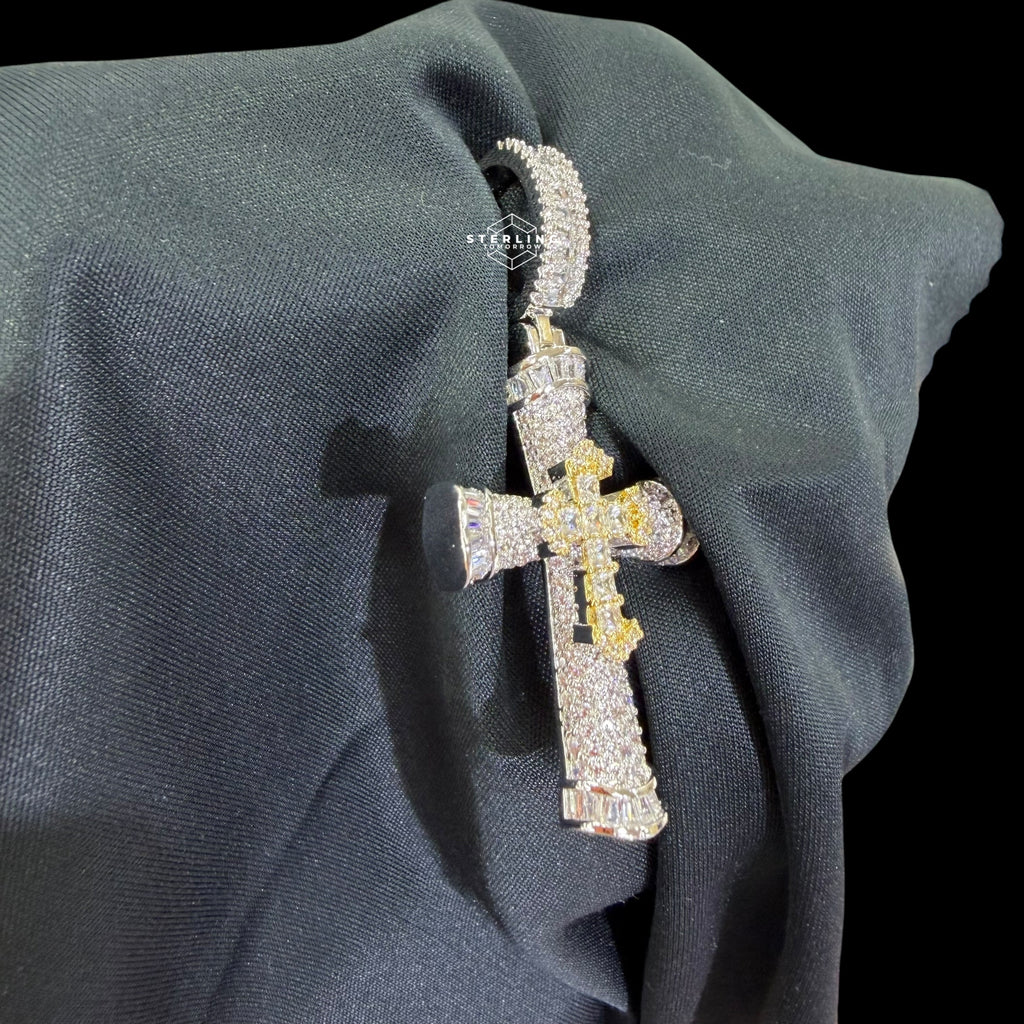 Iced Out Silver Gold Two Tone Cross Pendant