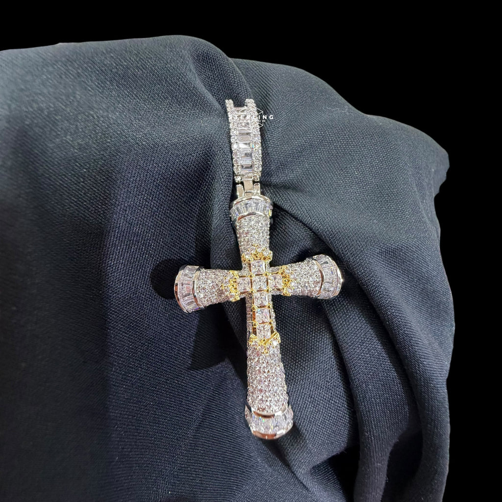 Iced Out Silver Gold Two Tone Cross Pendant