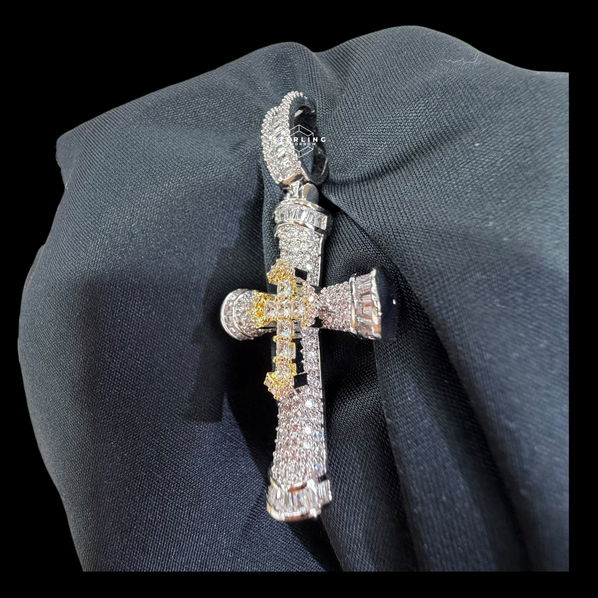 Iced Out Silver Gold Two Tone Cross Pendant
