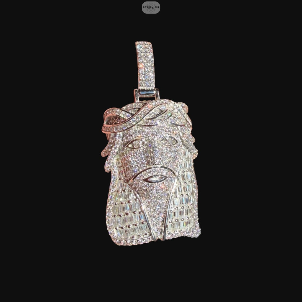 Iced Out Baguette Jesus Pendant | 14K White Gold Plated Jesus Head Necklace, CZ Hip Hop Pendant with Free Rope Chain