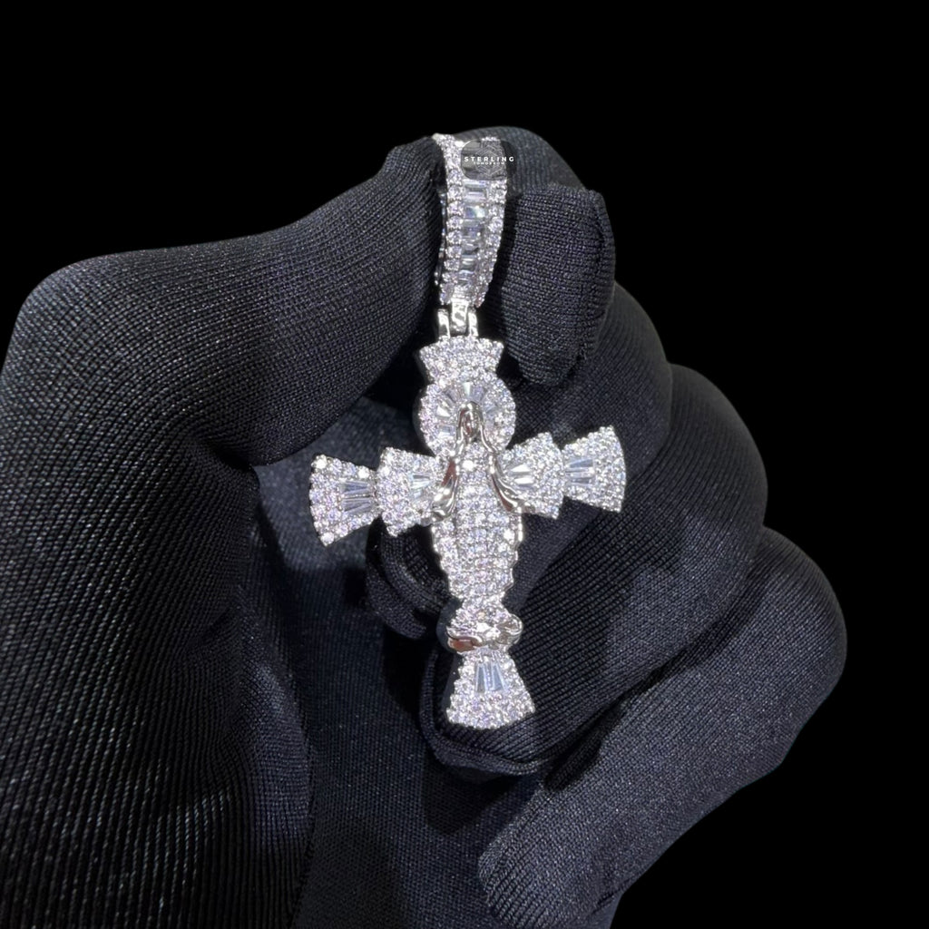Iced Angel Cross Pendant 14K White Gold Finish