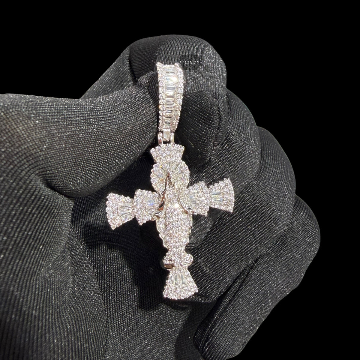 Iced Angel Cross Pendant 14K White Gold Finish