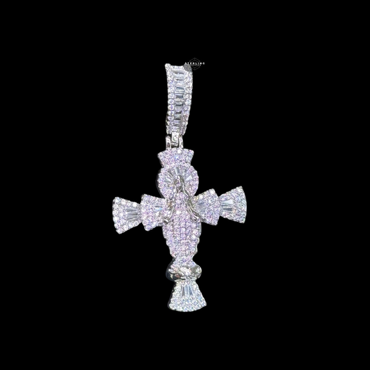 Moissanite Angel Cross Pendant 925 Sterling Silver, Iced Out Baguette Cross Necklace,