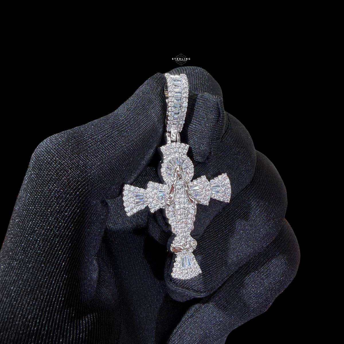 Iced Angel Cross Pendant 14K White Gold Finish