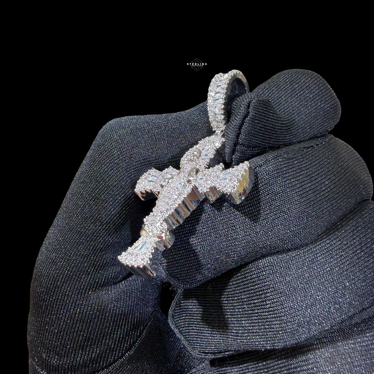 Iced Angel Cross Pendant 14K White Gold Finish