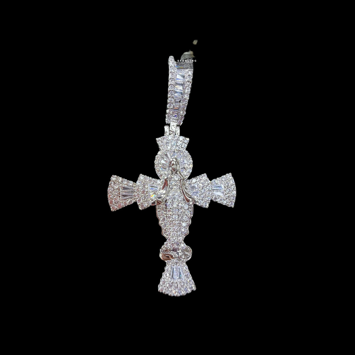 Iced Angel Cross Pendant 14K White Gold Finish