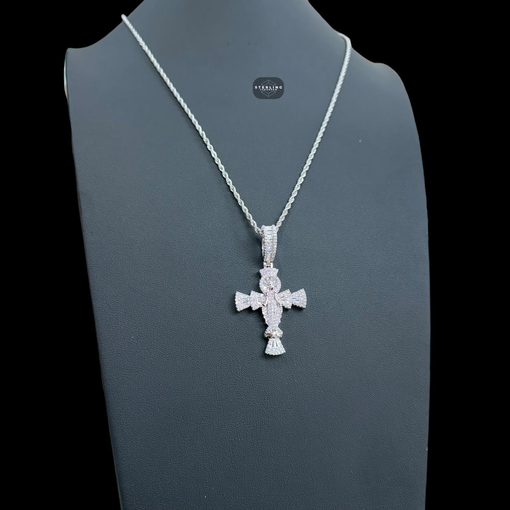 Iced Angel Cross Pendant 14K White Gold Finish