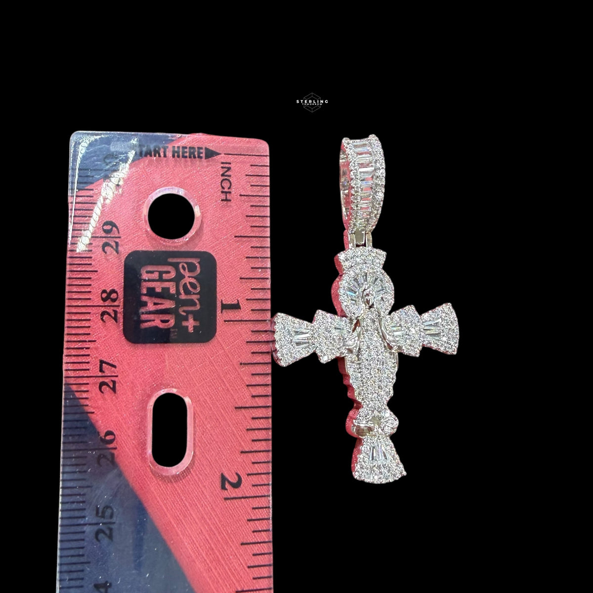 Iced Angel Cross Pendant 14K White Gold Finish