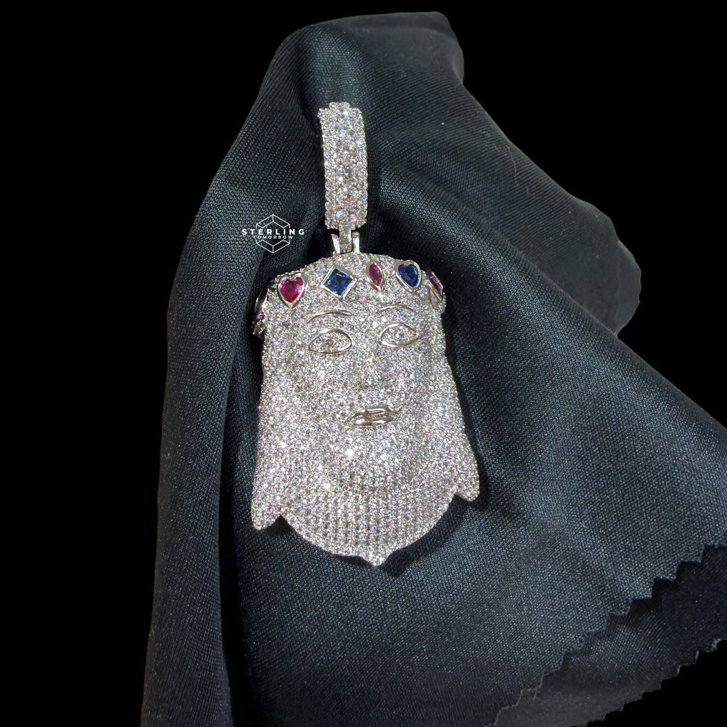 Silver Iced Out Jesus Pendant, Colorful Crown CZ Diamond Jesus Face Necklace