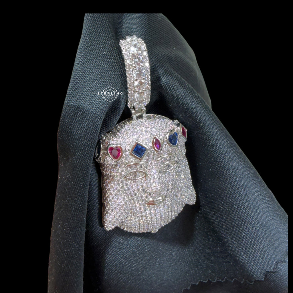 Silver Iced Out Jesus Pendant, Colorful Crown CZ Diamond Jesus Face Necklace