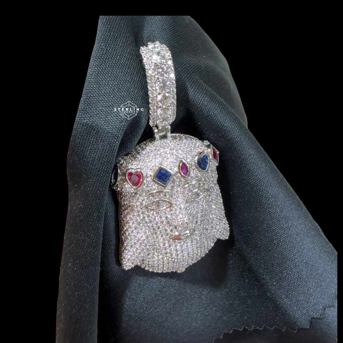 Silver Iced Out Jesus Pendant, Colorful Crown CZ Diamond Jesus Face Necklace