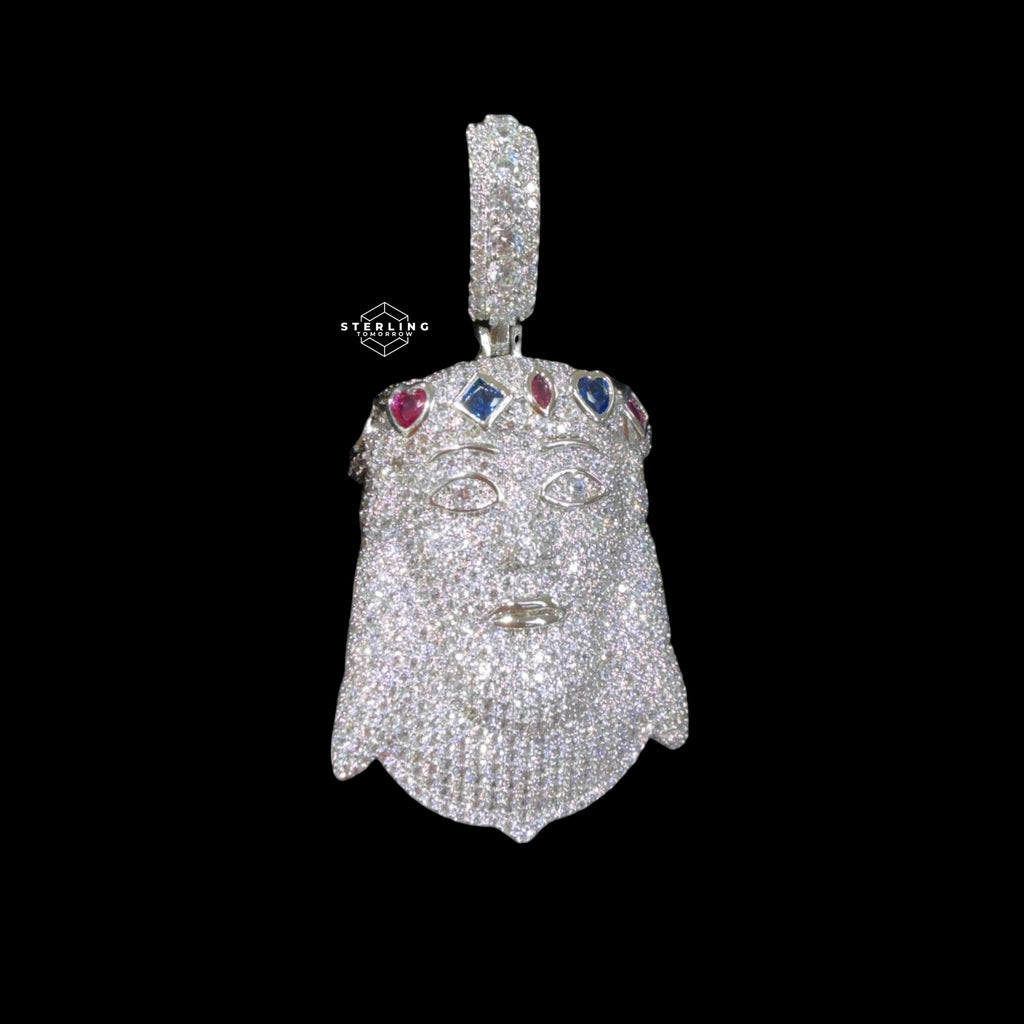 Silver Iced Out Jesus Pendant, Colorful Crown CZ Diamond Jesus Face Necklace
