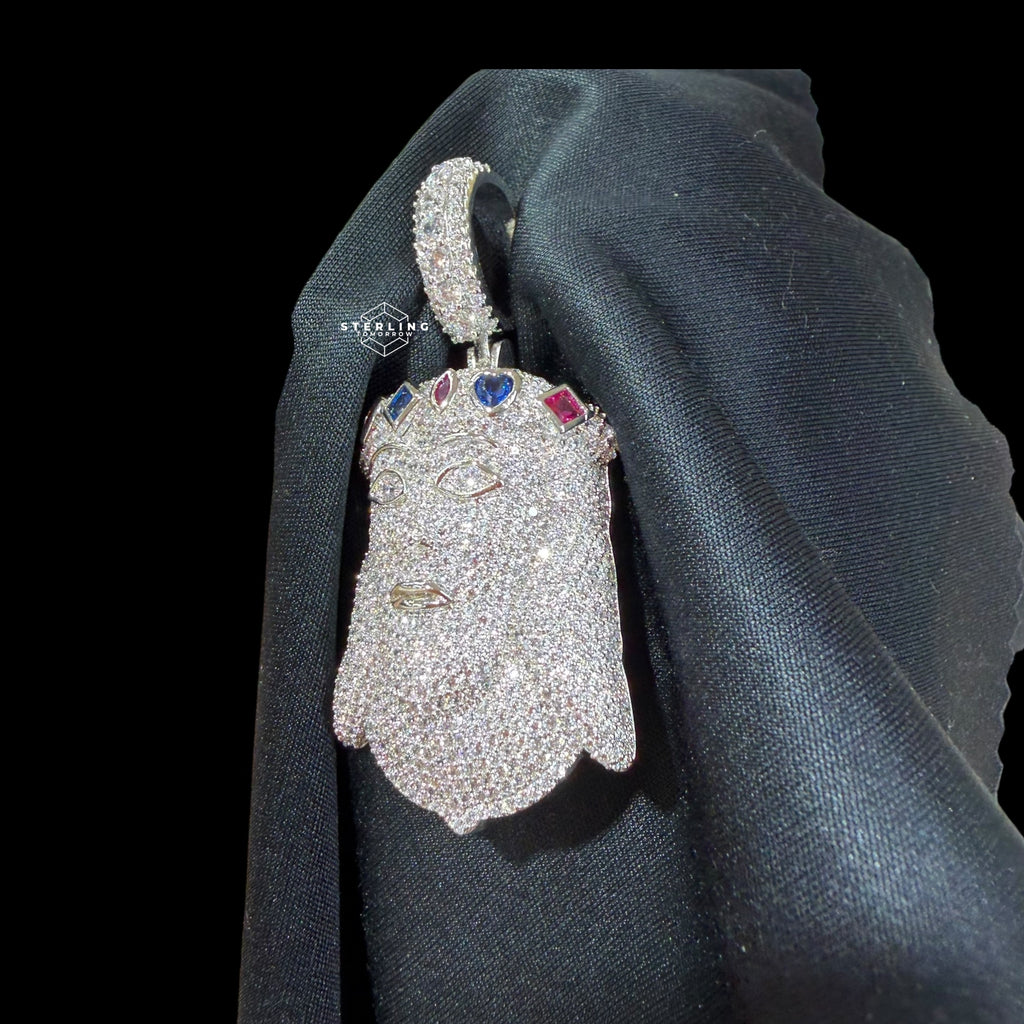 Silver Iced Out Jesus Pendant, Colorful Crown CZ Diamond Jesus Face Necklace