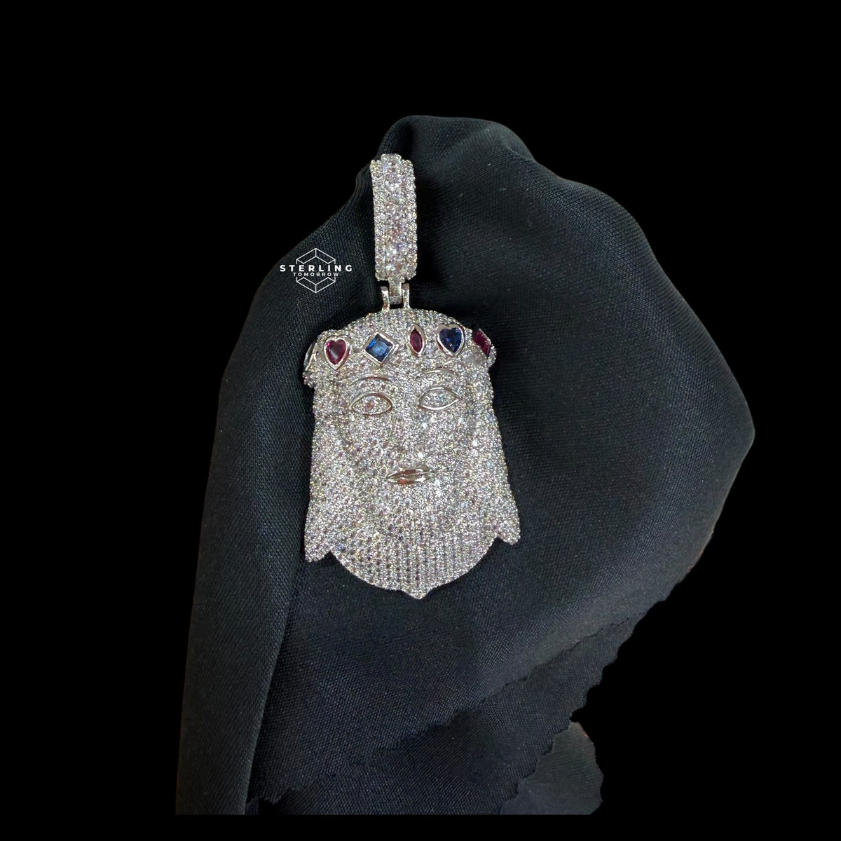 Silver Iced Out Jesus Pendant, Colorful Crown CZ Diamond Jesus Face Necklace