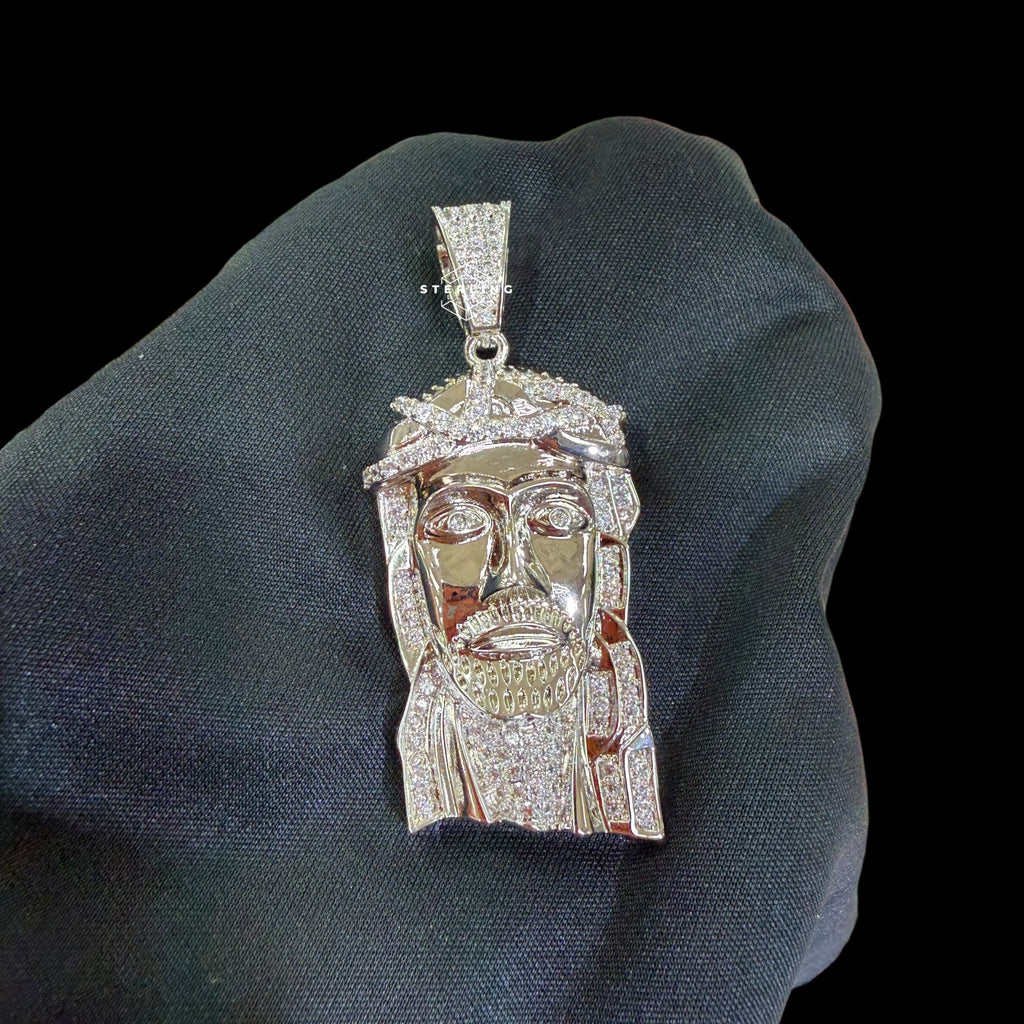 14K White Gold Plated Silver Iced Out Jesus Pendant, CZ Diamond Jesus Face Necklace for Men