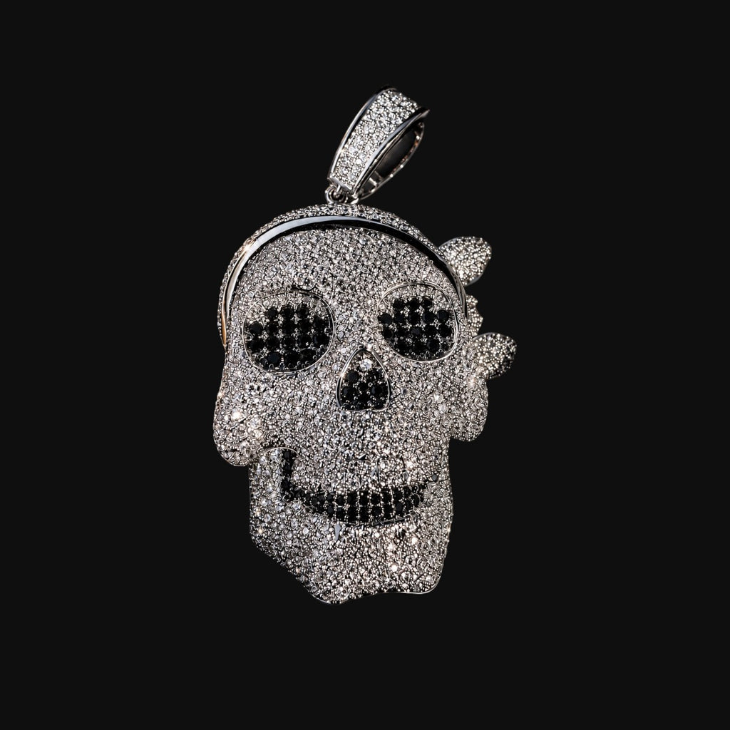 Iced Out Skull Pendant | 14K White Gold Plated Skull Necklace, CZ Hip Hop Statement Pendant with Free Rope Chain
