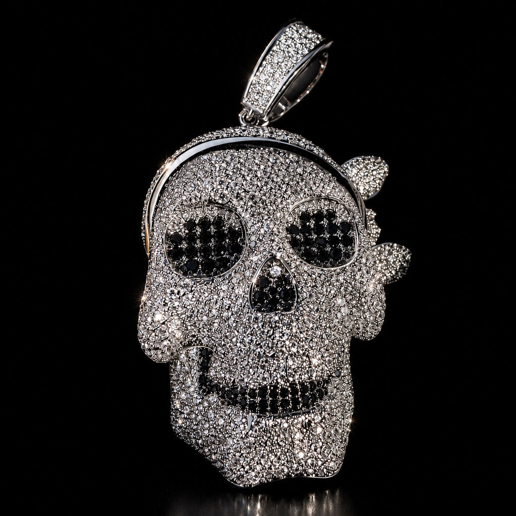 Iced Out Skull Pendant | 14K White Gold Plated Skull Necklace, CZ Hip Hop Statement Pendant with Free Rope Chain