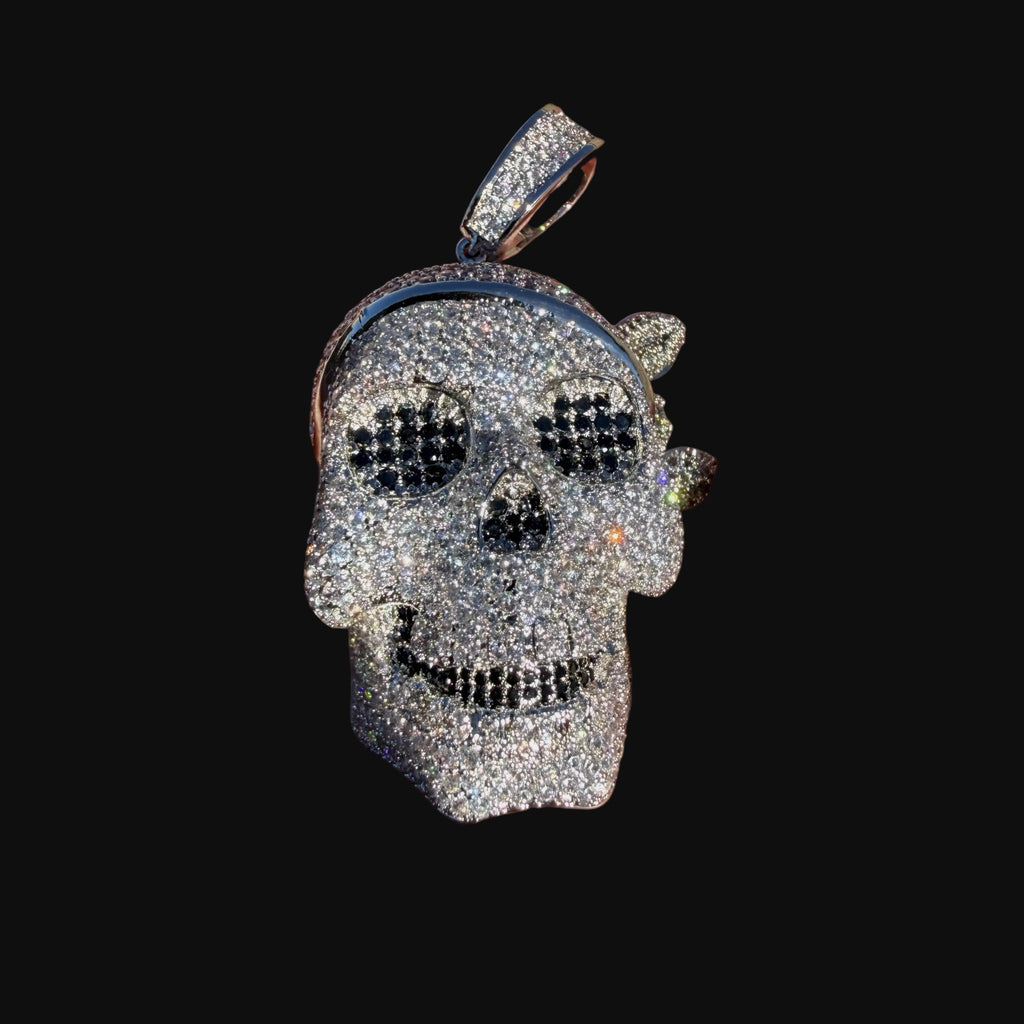 Iced Out Skull Pendant | 14K White Gold Plated Skull Necklace, CZ Hip Hop Statement Pendant with Free Rope Chain