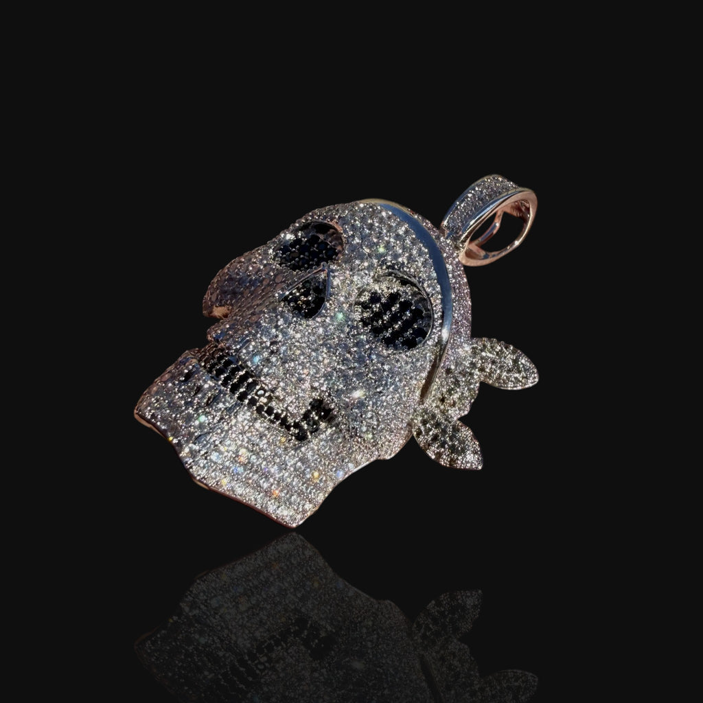 Iced Out Skull Pendant | 14K White Gold Plated Skull Necklace, CZ Hip Hop Statement Pendant with Free Rope Chain