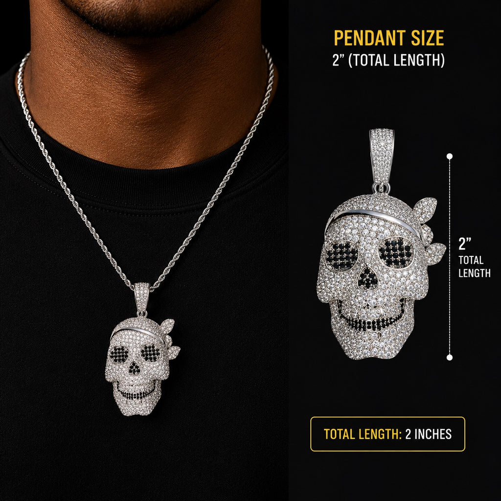 Iced Out Skull Pendant | 14K White Gold Plated Skull Necklace, CZ Hip Hop Statement Pendant with Free Rope Chain