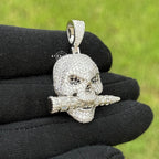 Iced Skull Pendant Bullet Design 14K White Gold Plated CZ Diamond Hip Hop Chain Skull Bling Necklace Mens Streetwear Jewelry Rope Chain