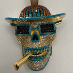 Iced Out Skull Pirate Pendant, 14k Gold Plated CZ Diamonds Glow in The Dark, Steel Rope Chain