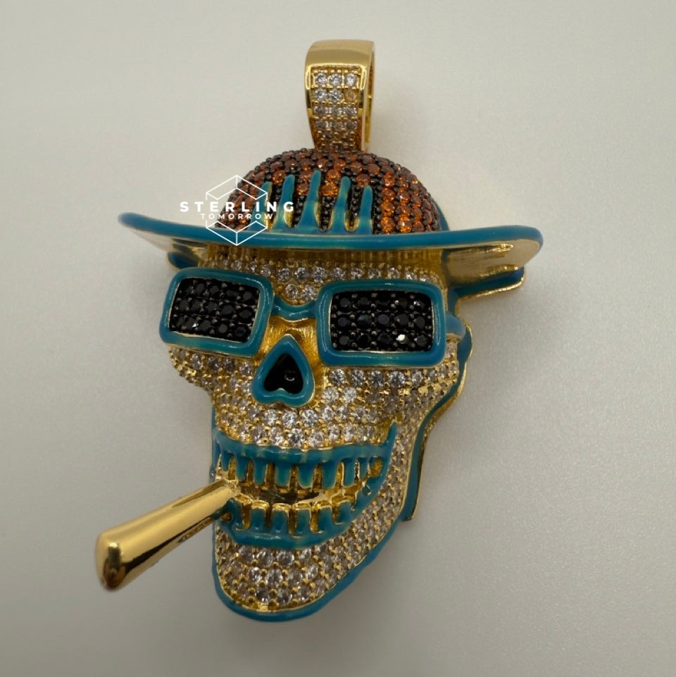 Iced Out Skull Pirate Pendant, 14k Gold Plated CZ Diamonds Glow in The Dark, Steel Rope Chain