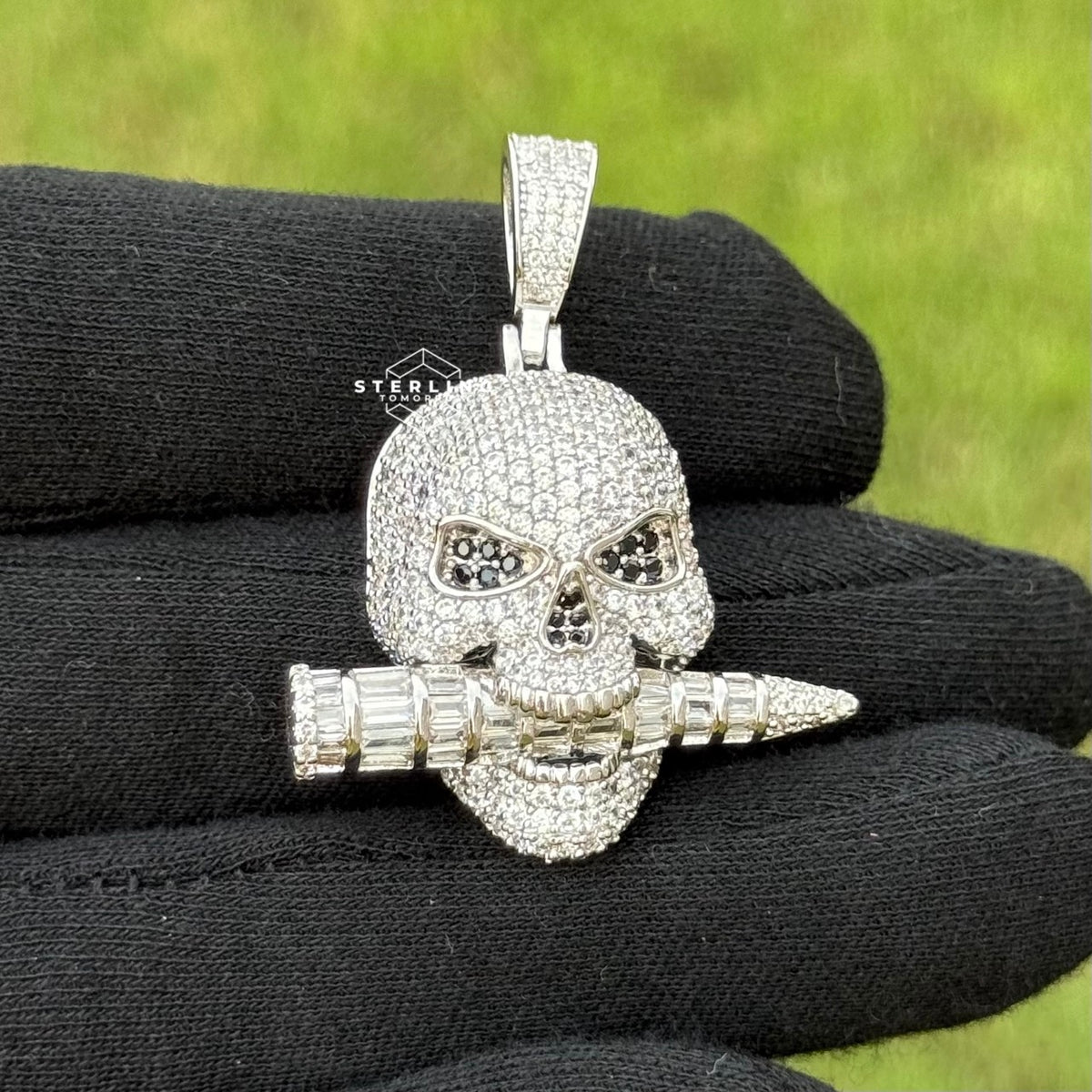 Iced Skull Pendant Bullet Design 14K White Gold Plated CZ Diamond Hip Hop Chain Skull Bling Necklace Mens Streetwear Jewelry Rope Chain