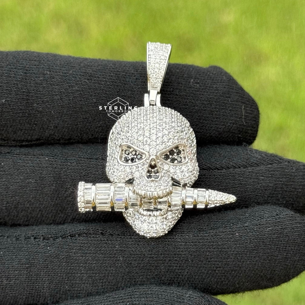 Iced Skull Pendant Bullet Design 14K White Gold Plated CZ Diamond Hip Hop Chain Skull Bling Necklace Mens Streetwear Jewelry Rope Chain