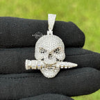 Iced Skull Pendant Bullet Design 14K White Gold Plated CZ Diamond Hip Hop Chain Skull Bling Necklace Mens Streetwear Jewelry Rope Chain