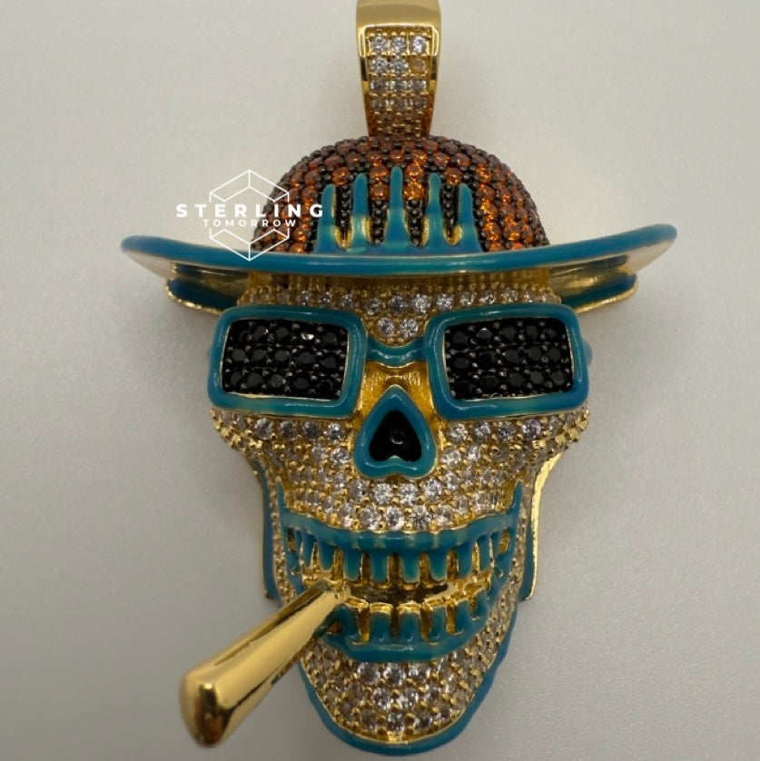 Iced Out Skull Pirate Pendant, 14k Gold Plated CZ Diamonds Glow in The Dark, Steel Rope Chain