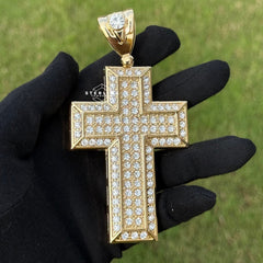 Square Large Iced Out Gold Tone Cross Pendant