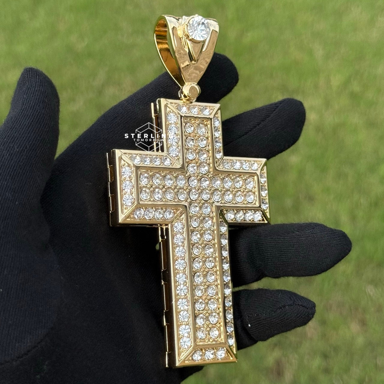 Square Large Iced Out Gold Tone Cross Pendant