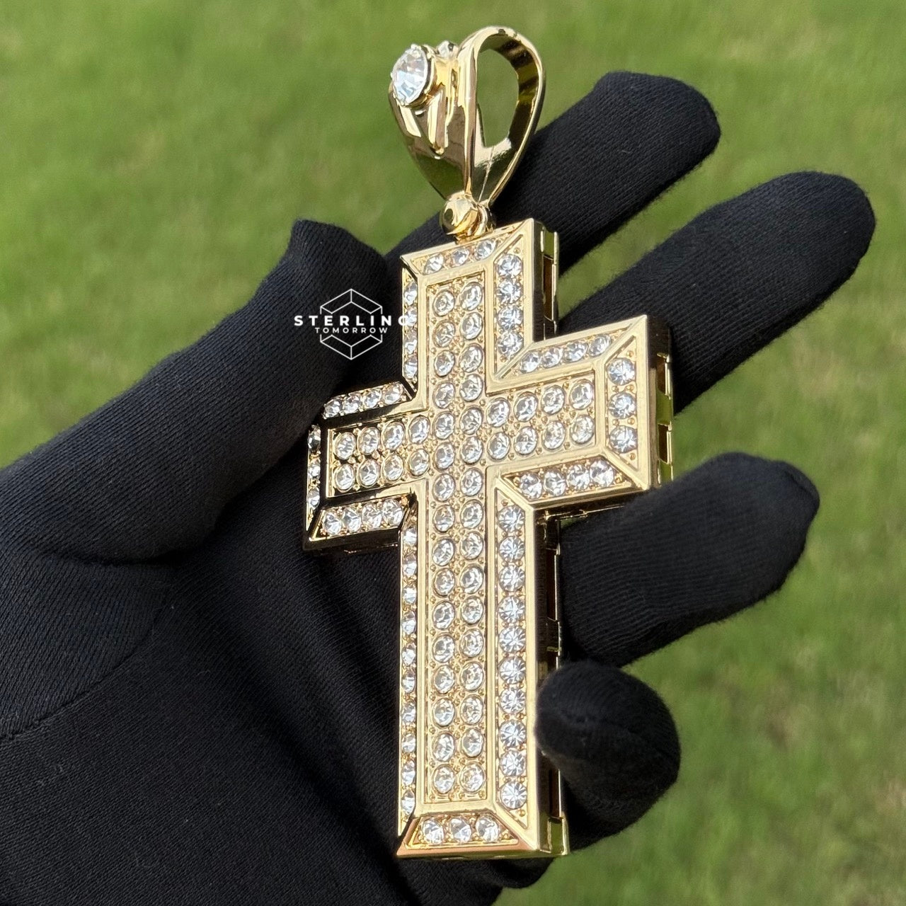 Square Large Iced Out Gold Tone Cross Pendant