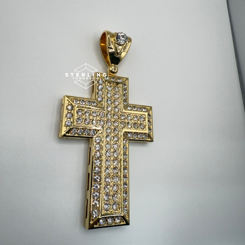 Square Large Iced Out Gold Tone Cross Pendant