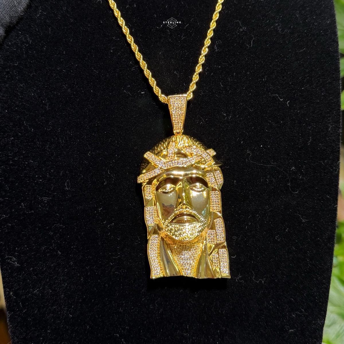 Large Gold Jesus Face Pendant 14k Gold Plated CZ + Steel Rope Chain