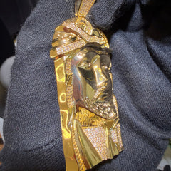 Large Gold Jesus Face Pendant 14k Gold Plated CZ + Steel Rope Chain