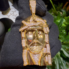 Large Gold Jesus Face Pendant 14k Gold Plated CZ + Steel Rope Chain