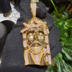 Large Gold Jesus Face Pendant 14k Gold Plated CZ + Steel Rope Chain