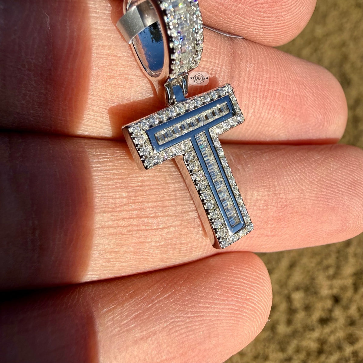 Moissanite Baguette Initial Pendants 925 Sterling Silver