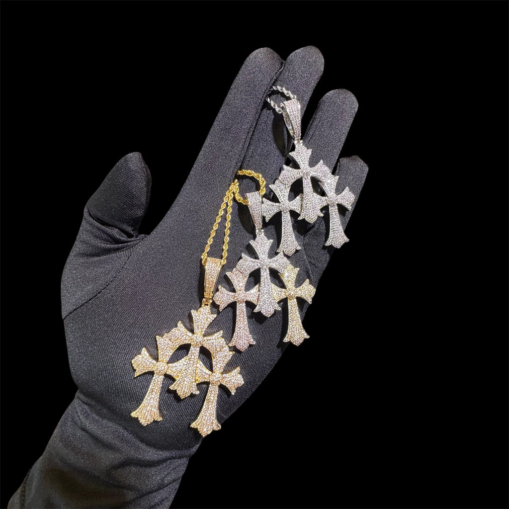 Triple Heart Cross Pendant 14k Gold Plated CZ