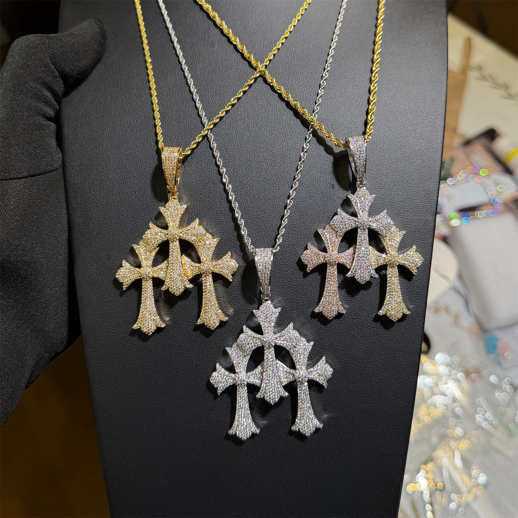 Triple Heart Cross Pendant 14k Gold Plated CZ