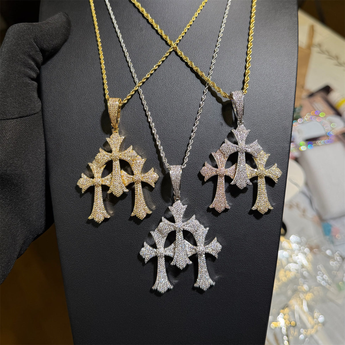 Triple Heart Cross Pendant 14k Gold Plated CZ