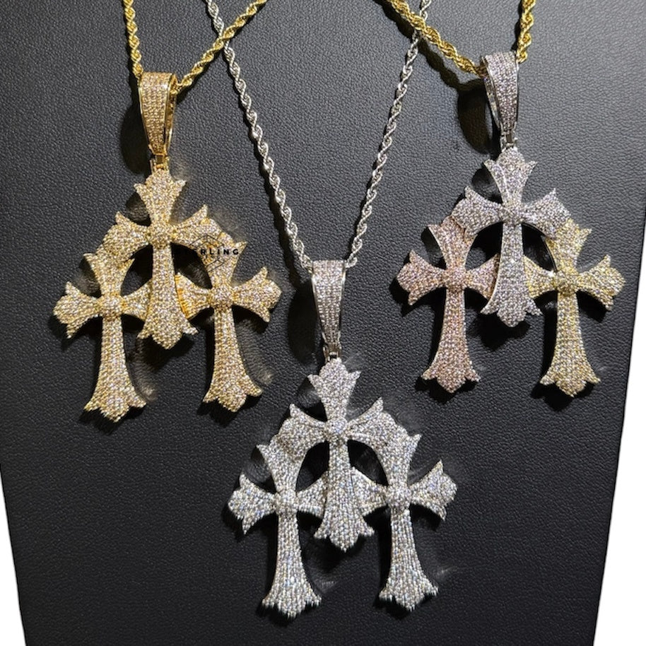 Triple Heart Cross Pendant 14k Gold Plated CZ